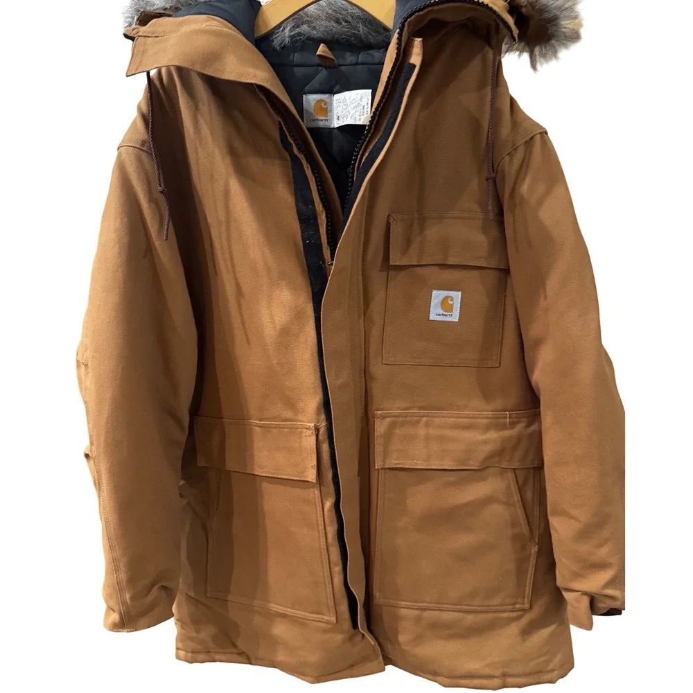 Vintage Carhartt Arctic Quilt Lined Duck Parka Brown Faux Fur Hood Mens XXL NOS